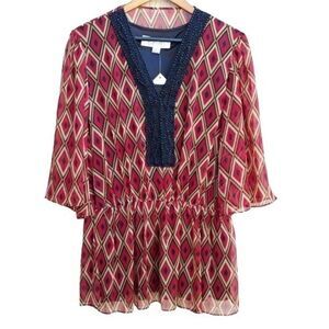 Badgley Mischka Mod Ikat Sheer Kimono Sleeve Beaded V-neck‎ Cinched Top Red Sz L